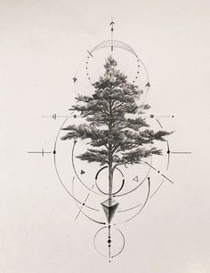 a drawing of a tree surrounded by geometric shapes