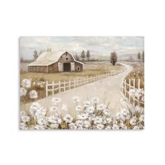 a painting of a country road with white flowers and a barn in the distance on a cloudy day