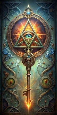 a key with an all seeing eye in the middle is surrounded by many other things