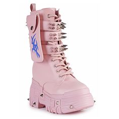 Adds A Touch Of Daring Confidence To Your Rebellious Style When Rocking In The Anthony Wang X Wtf Cv Chem Baby Metal Pink Platform Boots. This Striking Rave Festival Boots Features Pastel Pink Colored Vegan Leather Upper With Lace-Up Front, Triple Spiked Buckle Strap Details, Side Pocket With Tribal Symbol Accents, Built-In Inner Wedge Heel, And Chunky Platform Rubber Outsole With Spikes. Now, Let Your Footwear Do The Talking. #Smirk -Wtf Cv Chem Baby Metal Pink Platform Boots -4" Heel, 1.75" Pl Punk Style Synthetic Boots For Spring, Spring Punk Synthetic Boots, Spring Streetwear Closed Toe Boots, Pink Lace-up Boots For Summer, Trendy Lace-up Boots With Spikes, Edgy Pink Boots For Spring, Anthony Wang Shoes, Pink Platform Boots, Festival Boots