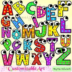 an alphabet with eyes and polka dots