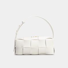 Bottega Veneta "Brick Cassette" shoulder bag in  intrecciato lambskin leather  Adjustable shoulder strap Can be worn as a shoulder or top handle bag  Two-way zip top closure  Interior, one slip pocket  Approx. 3.9"H x 9.3"W x 3.9"D Made in Italy Handle Bag, White Bag, Zip Top, Lambskin Leather, Bottega Veneta, Top Handle, Leather Shoulder Bag, Top Handle Bag, Tops Designs