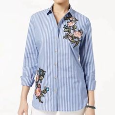 Very Cute Top Made Of 100% Cotton By Polly & Esther Women's Floral-Embroidered Button Up Shirt Blue Juniors Size Xs. Condition Is "New With Tags". Striped Embroidered Cotton Tops, Embroidered Striped Cotton Tops, Spring Striped Shirt With Buttons, Blue Collared Shirt With Floral Embroidery, Blue Button-up Shirt With Floral Embroidery, Floral Embroidered Shirt, Buffalo Plaid Flannel, Rayon Shirt, Yellow Plaid