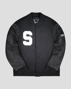 SG Varsity - Black Stealth – Southern Gents Fall Streetwear Track Jacket With Reflective Details, Fitted Urban Outerwear For College, Urban Fitted Outerwear For College, Urban Fitted Outerwear For Campus, Reflective Long Sleeve Streetwear Outerwear, Reflective Long Sleeve Outerwear For Streetwear, Techwear Track Jacket With Reflective Details For Fall, Sporty Fall Outerwear With Reflective Details, Fitted Fall Varsity Jacket For Streetwear