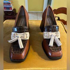 Antonio Melani Brown Leather Crocodile Embossed Block Heel, Tassel Loafers. 3” Heels, New, Size 7. Chic Brown Tassel Loafers For Formal Occasions, Leather Moccasins With Tassels, Tassel Loafers, Shoe Fits, Antonio Melani, Workout Wear, Flat Shoes Women, Loafer Flats, Block Heels