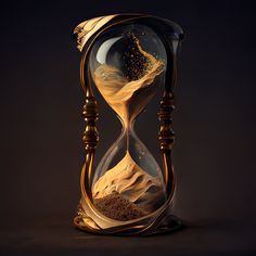 an hourglass with sand running through it on a black background and gold trimmings