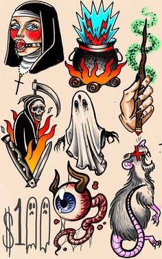 various halloween tattoos on a white background