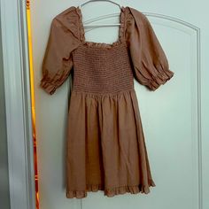 Mini Dress Size Small From Anthropologie. Never Worn Brown Smocked Bodice Dress For Brunch, Brown Square Neck Dress For Date Night, Brown Fitted Square Neck Dress, Chic Brown Dress With Square Neckline, Chic Brown Square Neck Dress, Brown Smocked Back Sundress, Brown Sundress With Smocked Back, Casual A-line Mini Dress With Smocked Bodice, Brown Square Neck Mini Dress For Brunch