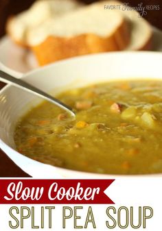 a bowl of slow cooker split pea soup on a plate with bread in the background