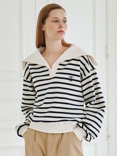 Editor's NotesThis striped sailor collar t-shirt has a soft knit feel and just the right amount of thickness, exuding comfortable and casual mood. It's cropped and roomy, so you can wear it with any size.- Embroidery with the Nouve logo for an extra touch of luxury- Sturdy hemline that makes your item more stylish- Big sailor collar design as a refined touch* Please consider that the actual color may differ slightly due to variations in monitor resolution.Measurements(in.)One Size(XS-M)- Sh Outfits With Striped Shirts, Knot Sweater, Sailor Shirt, Sailor Knots, Sailor Stripes, Collar T Shirt, Sailor Collar, Collar Tshirt, Collar Designs