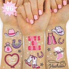 two girls with tattoos on their arms and one has pink nail polish, the other is white