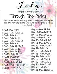 the bible's daily calendar for july, with pink flowers and leaves on it