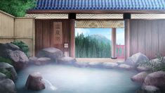 a painting of a japanese garden with water and rocks in the foreground, an open door leading to another room