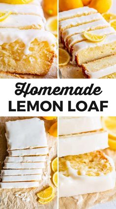 homemade lemon loaf cake with white icing and sliced lemons on the side,