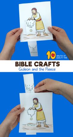 two hands holding cards with the words bible crafts written on them, and an image of jesus