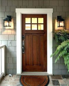 a brown door with two lights on the side and a potted plant next to it