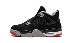 The Air Jordan 4 “Bred” GS is the grade school children’s sizing for the 2019 retro of the iconic colorway of Michael Jordan’s fourth signature shoe.  The kids’ “Bred” Jordan 4 features the same classic construction and color scheme as the adult version, including the original Nike Air branding on the heel tab.  The shoe features a Durabuck (synthetic nubuck) upper in black with red, grey, and white accents throughout to mirror the Chicago Bulls color scheme.  In addition to the large Nike Air l Jordan 4’s, Retro Basketball Shoes, Retro Basketball, Cleats Shoes, Jordan 4 Retro, Air Jordan 4, Air Jordan 4 Retro, Chicago Bulls, Red Shoes