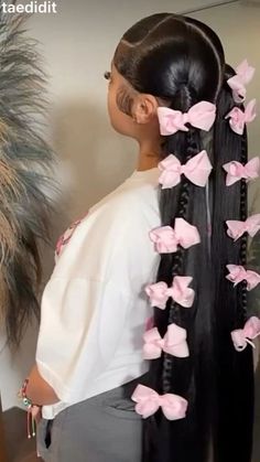 Black And Pink Ponytail, 2 Ponytails With Bows, Sleek Ponytail Hairstyles, Cute Box Braids Hairstyles