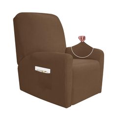 a brown recliner chair with a pearl necklace on it's neck and back