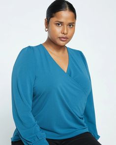 Crepe Jersey Gathered V-Neck Blouse - Midnight Rain | Universal Standard Elegant V-neck Wrap Top For Work, Fitted V-neck Wrap Top For Work, Elegant Surplice Neckline Faux Wrap Top, Elegant Faux Wrap Top With Surplice Neckline, Elegant V-neck Faux Wrap Blouse, Fitted Faux Wrap Blouse With Surplice Neckline, Elegant Faux Wrap Blouse For Workwear, Fitted Faux Wrap Top For Workwear, Solid V-neck Faux Wrap Top