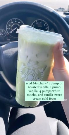 someone is holding up a starbucks drink in their hand with the caption'iced matcha w / i pump of toasted vanilla, 1 pound vanilla, vanilla, vanilla, and whipped cream