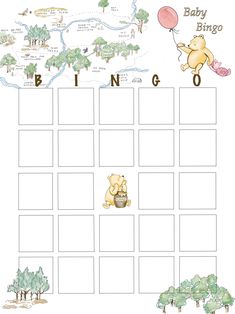 a baby bingo game with winnie the pooh and piggy on it, including balloons