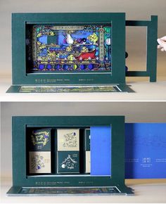 two pictures of the inside of a book case with stained glass designs on it and in front