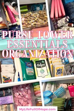 there are many different items in this organized drawer with the words, first tower essentials organization