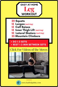 a woman is doing an easy home workout for her legs and waist, with the text below