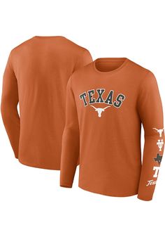 Show off your team pride in this Texas Longhorns Burnt Orange Badging Cotton Long Sleeve T Shirt! This Texas Long Sleeve Tee features a screenprint of team graphic on front chest. Make sure everyone knows you root for the Longhorns with this Burnt Orange Texas T Shirt. Hook Em Horns! Long Sleeve, Screen Printed Graphic on Chest, Screen Printed Graphics on Sleeve, Unisex, Finished Hem, Fit: True to Size, Machine wash cold, 4 Long Sleeve Tops For Sports Events, Fan Apparel Tops With Team Name, Collegiate Long Sleeve Tops For Sports Events, Team-colored Tops With Logo Print For Fans, Collegiate Tops With Screen Print For Fan Merchandise, Graphic Tee For Fans In Team Colors, Team-colored Tops For Fan Apparel, Long Sleeve Tops With Team Logo For Sports Events, Fan Merchandise Tops With Team-colored Screen Print