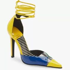 Never Worn Jeffrey Campbell Ovio Ankle Strap Pointed Toe Pump (Women) 10m, Yellow Pat Stripe Multi Color: Yellow, Blue, Green Original Price: $179.95 Purchased And Nordstrom. Never Worn. Jeffrey Campbell Shoes, Women Boots, Hot Shoes, Mellow Yellow, Jeffrey Campbell, Yellow Blue, Wrap Around, Nice Shoes, Women's Pumps