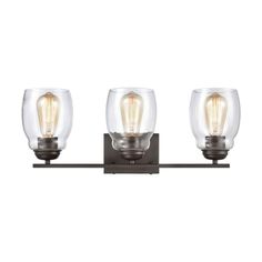 three light bathroom fixture with clear glass shades on the sides and metal frame, bronze finish