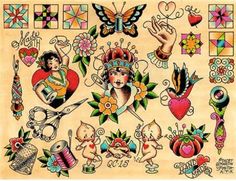 an old school tattoo design with lots of tattoos on it