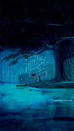 two people standing under a large tree in the rain at night with stars falling from the sky