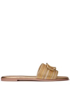 gold-tone sheepskin calf leather cotton VLogo Signature open toe slip-on style branded insole flat sole Valentino Garavani Shoes, Sandals Gold, Chanel 2, Iconic Bags, Ballet Pumps, Demi Fine Jewelry, Summer Beach Wear, Fine Earrings, Ballet Flat Shoes