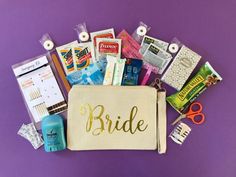 a bride's personalized pouch filled with groomsmen and toiletries on a purple background