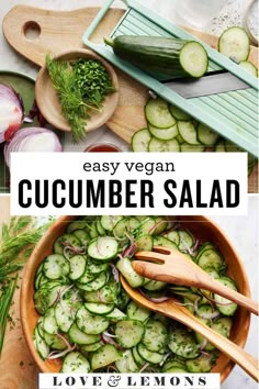 cucumber salad in a bowl with wooden spoons