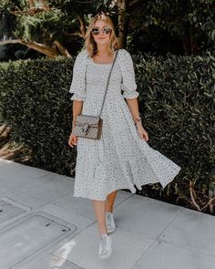 quarter length sleeves, midi length, square neck, ruffle neck, ruffle sleeve, floral dress, white dress, green floral, blue floral, puff sleeves, golden goose, blog fashion Floral Dress White, Mommy And Me Dresses, Striped Dress Summer, Everyday Dress, Expensive Clothes, Diy Handbag, Baby Dresses, Influencers Fashion, Tea Length Dresses