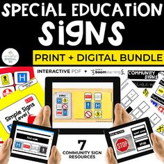 hands holding up tablet computers with signs on the screen and text reading special education signs