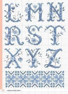 a cross stitch alphabet with flowers and vines on the upper letter is shown in blue