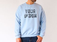 "Light Blue Male Sweatshirt Mockup Bundle Front & Back, Mens Gildan 18000 Mockup Bundle, Crewneck Mockup, Male Model Mock Up, Summer ♥ WHAT'S INCLUDED ♥ 3 mockups free of any text or watermarks (2 front, 1 back) ♥ NOTE ♥ This is an instant DIGITAL DOWNLOAD. No physical items will be mailed to you. The digital files will be available for download directly from Esty seconds after the purchase. ♥ INSTRUCTIONS ♥ DOWNLOADING: After you make the purchase, Etsy will take you to the download page where Blue Crew Neck Top With Printing, Blue Printed Crew Neck Top, Light Blue Cotton Crew Neck Sweatshirt, Customizable Casual Blue Sweatshirt, Cotton Crew Neck Sweatshirt With Printing, Customizable Blue Casual Sweatshirt, Blue Customizable Casual Sweatshirt, Blue Casual Customizable Sweatshirt, Customizable Blue Tops With Relaxed Fit