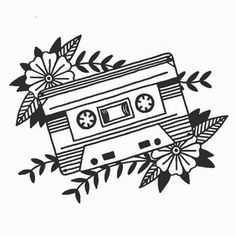 a black and white drawing of an old school cassette with flowers on it's side