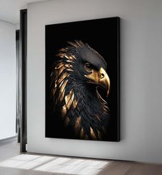 an eagle's head on a black and gold background is featured in this modern living room