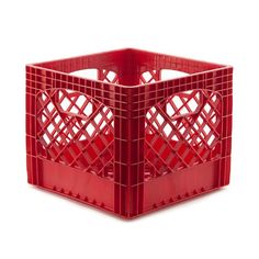 a red plastic crate with hearts cut out of the front and sides, on a white background