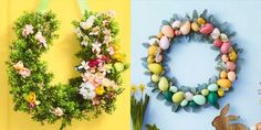 three different easter wreaths hanging on the wall