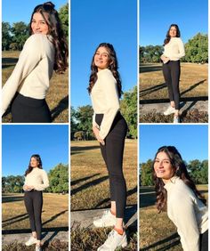 a collage of photos shows a woman in black pants and white sweater posing for the camera