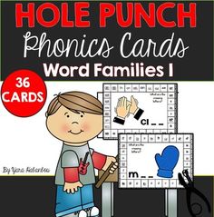 a poster with the word family on it that says hole punch phonics cards