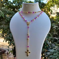 .: Gold Fuchsia Pink Crystal Beads Rosary Necklace Handmade Catholic Prayer Beads Religious Jewelry for Women Communion Gifts Christian Gifts .: With the help of our Gold Fuchsia Pink Crystal Beads Rosary Necklace, experience the beauty of divine devotion. Each bead is a precious moment in prayer and spirituality, made by hand with lots of love and attention to detail. The exquisite fusion of fuchsia pink and gold crystal beads gives this religious jewelry item a hint of delicacy and elegance. F Pink Beaded Chain Jewelry For Gift, Pink Beaded Chain Beads As Gift, Pink Necklaces With Polished Beads For Gifts, Pink Gold Beads For Jewelry Making, Pink Beaded Necklace With Gold Beads, Pink Beaded Necklace With Round Beads For Gifts, Pink And Gold Beads For Jewelry Making, Pink Round Beaded Necklace For Gift, Spiritual Pink Beaded Necklaces For Jewelry Making