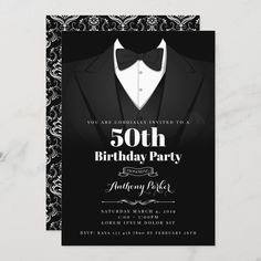 an elegant black and white 50th birthday party card with a tuxedo wearing a bow tie