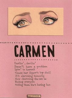 an advertisement with the words'carmen'written on it and two large eyes